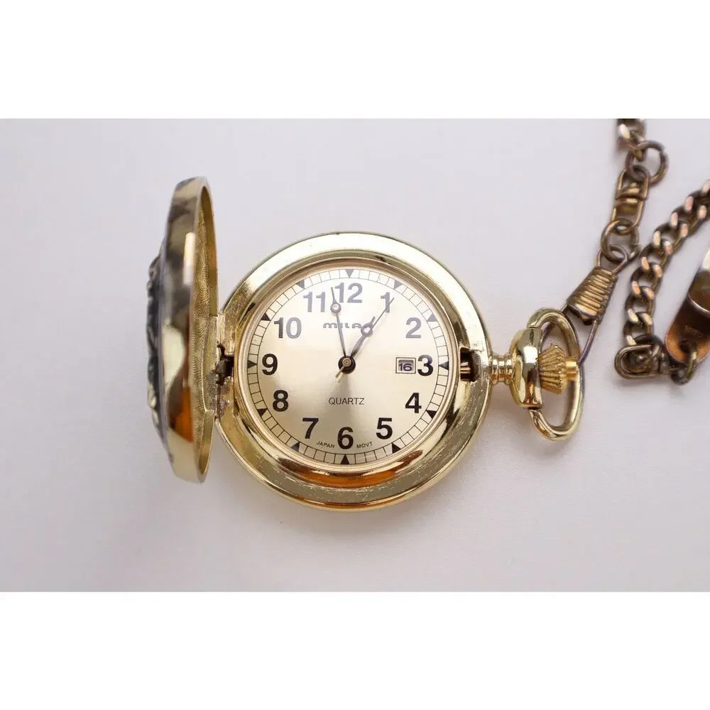 Milan Motorcycle Pocket Watch Quartz Gold Tone Hunter Case Chain Untested